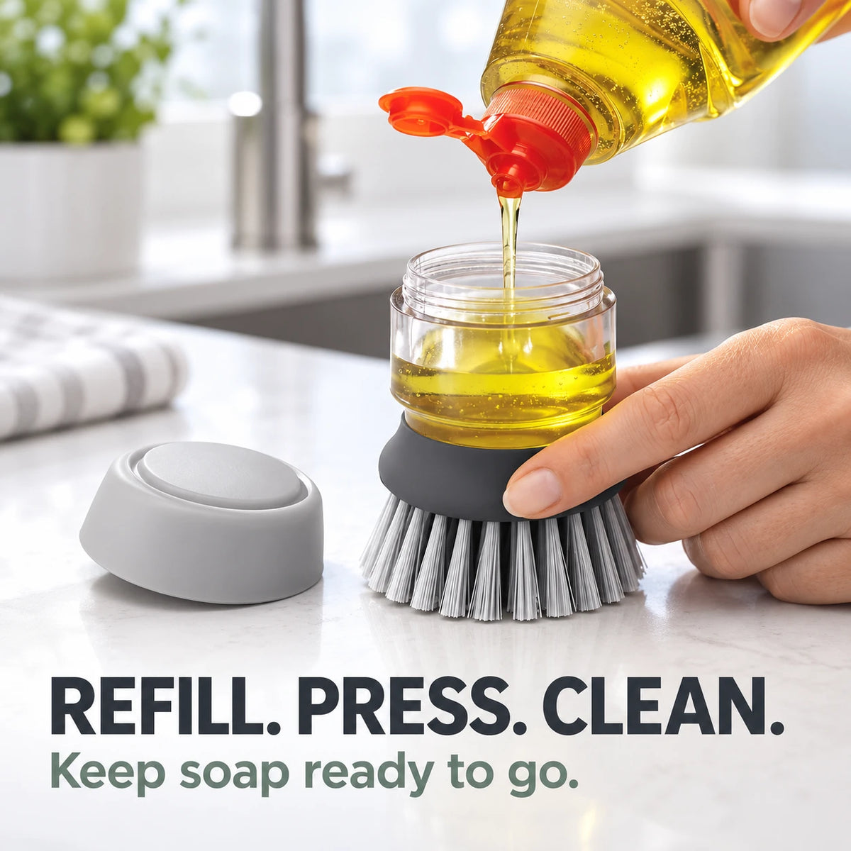 Soap Dispensing Dish Brush with Stand 🫧 Press. Scrub. Done.