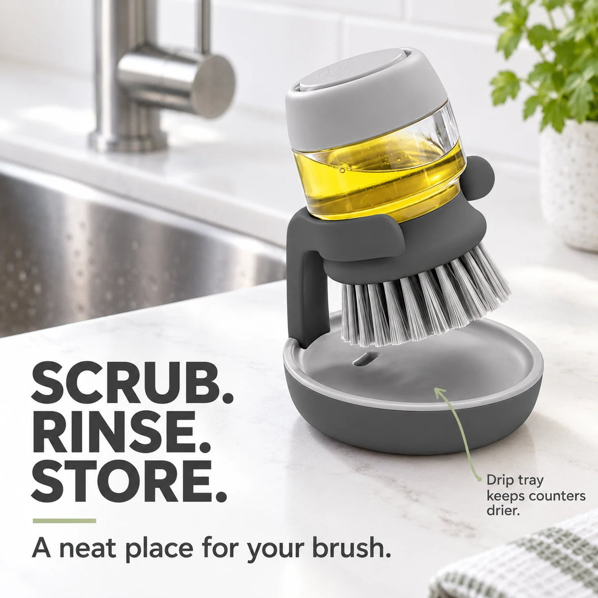 Soap Dispensing Dish Brush with Stand 🫧 Press. Scrub. Done.
