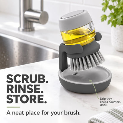 Soap Dispensing Dish Brush with Stand 🫧 Press. Scrub. Done.