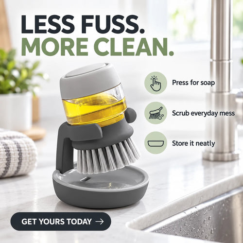 Soap Dispensing Dish Brush with Stand 🫧 Press. Scrub. Done.