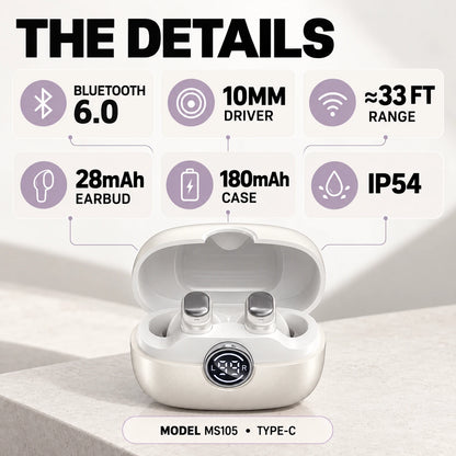 🎧 Small Buds, Big Everyday Sound | MS105 Wireless Earbuds with Clear Calls & Bluetooth 6.0