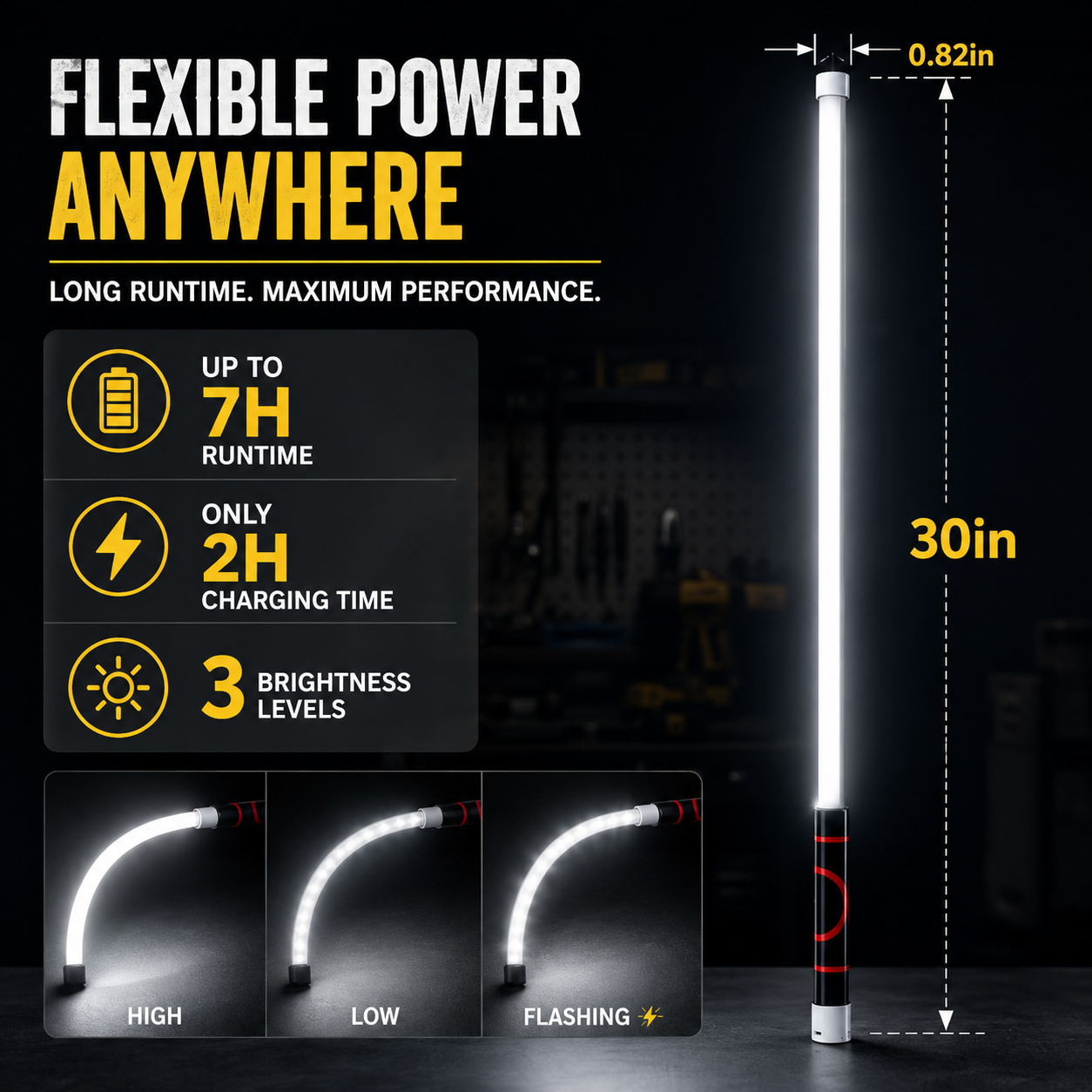 Flexible LED Light Stick 30", Rechargeable Bendable Work Light with 3 Modes High Lumen
