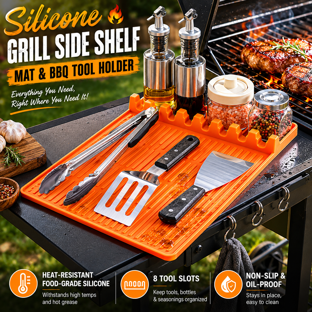 Silicone Grill Side Shelf Mat & BBQ Tool Holder 🥩🔥