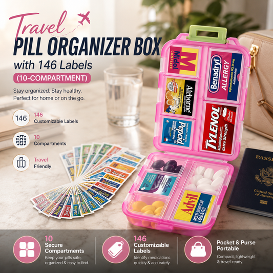 Travel Pill Organizer Box with 146 Labels (10-Compartment) 💊✈️