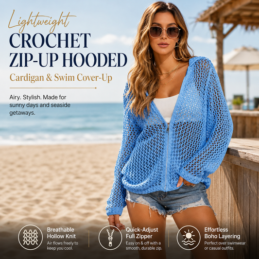 Lightweight Crochet Zip-Up Hooded Cardigan & Swim Cover-Up 🌊