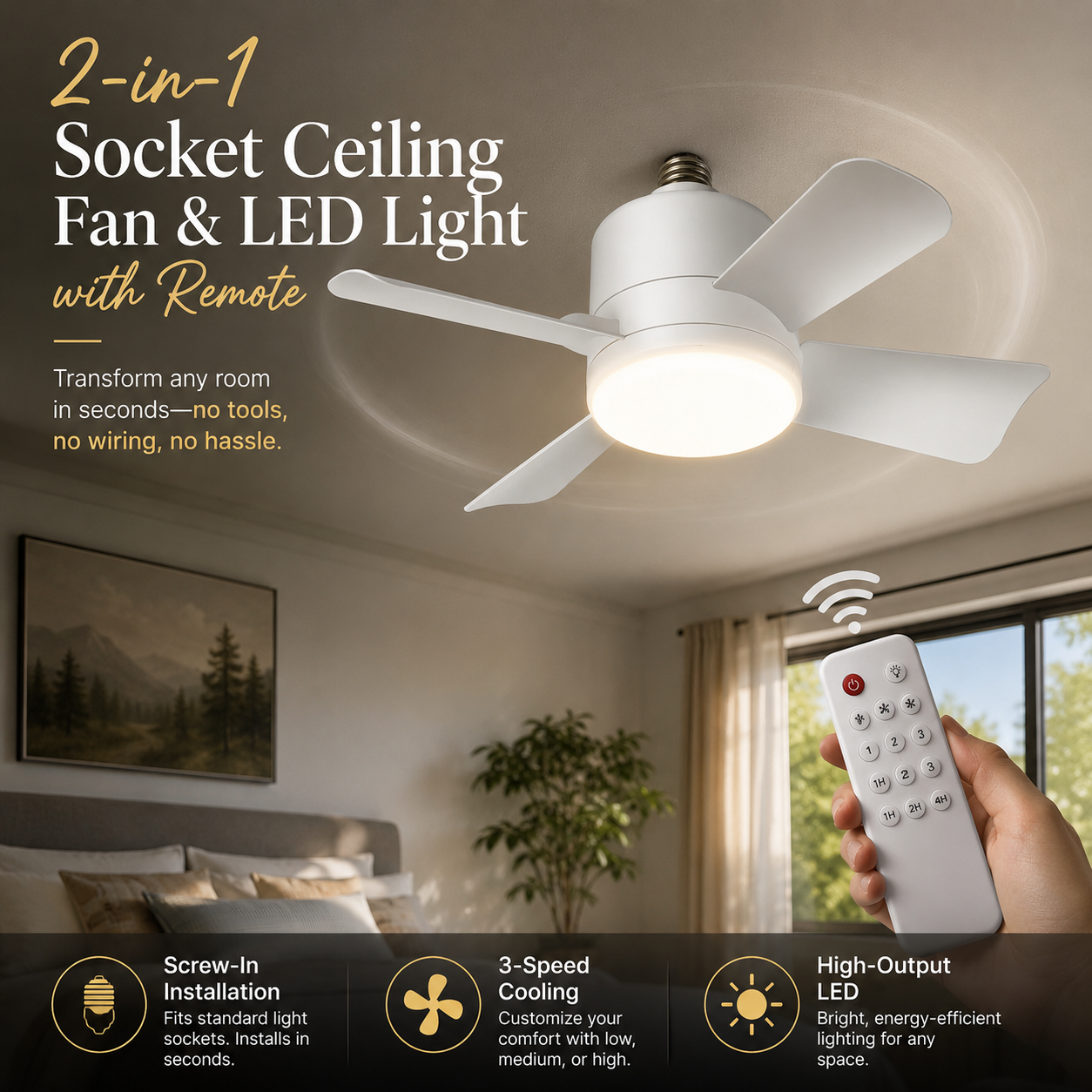 2-in-1 Socket Ceiling Fan & LED Light with Remote 💡🌀