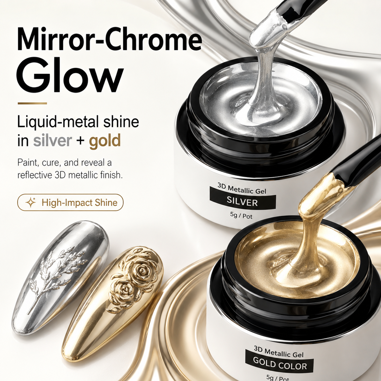 3D Metallic Mirror Chrome Gel Polish with Liner Brush