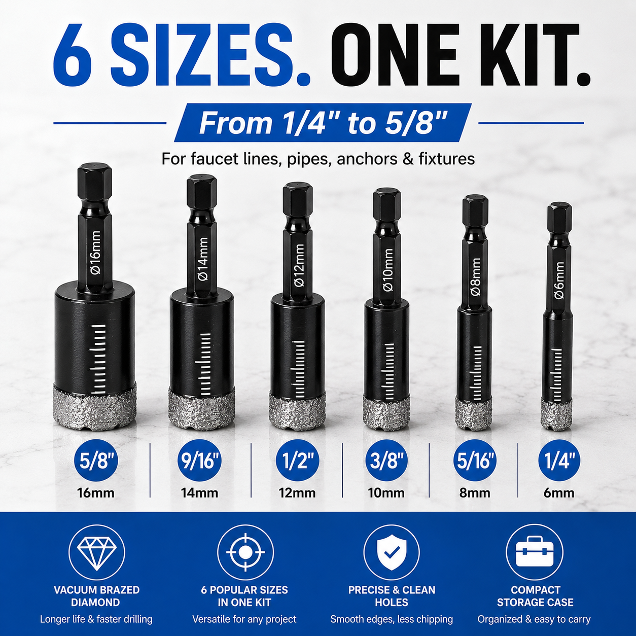 💎6-Piece Vacuum-Brazed Diamond Drill Bit Set