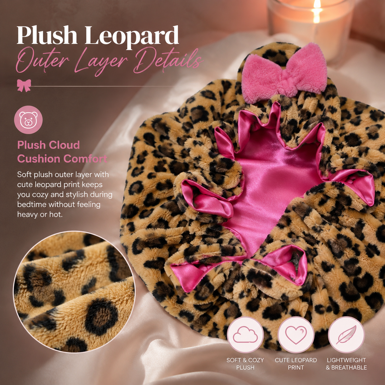 🐆 Plush Satin Leopard Bonnet with Cute Bow Ears ✨