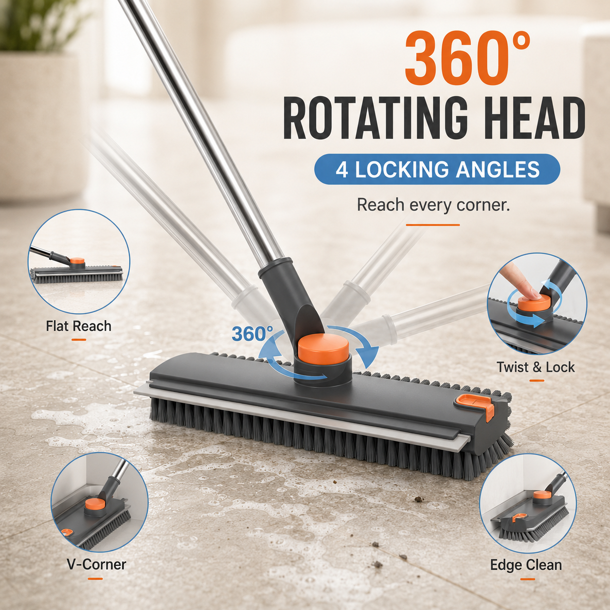 3-in-1 Floor Scrub Brush | 360° Head & 52-In Handle