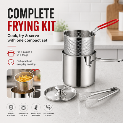 🔥304 Stainless Steel Deep Fryer Pot with Basket, Lid & Tongs