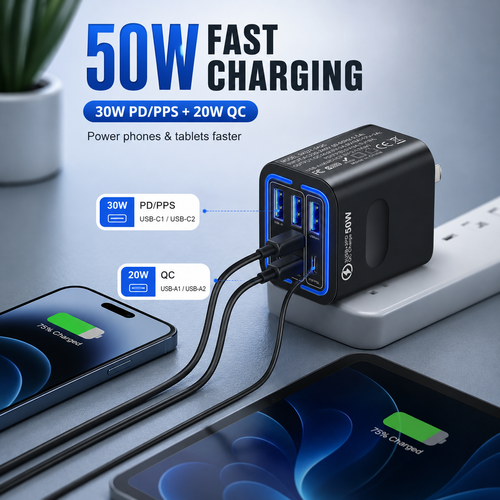 ⚡50W 6-Port USB C Fast Charger | 30W PD/PPS + 20W QC