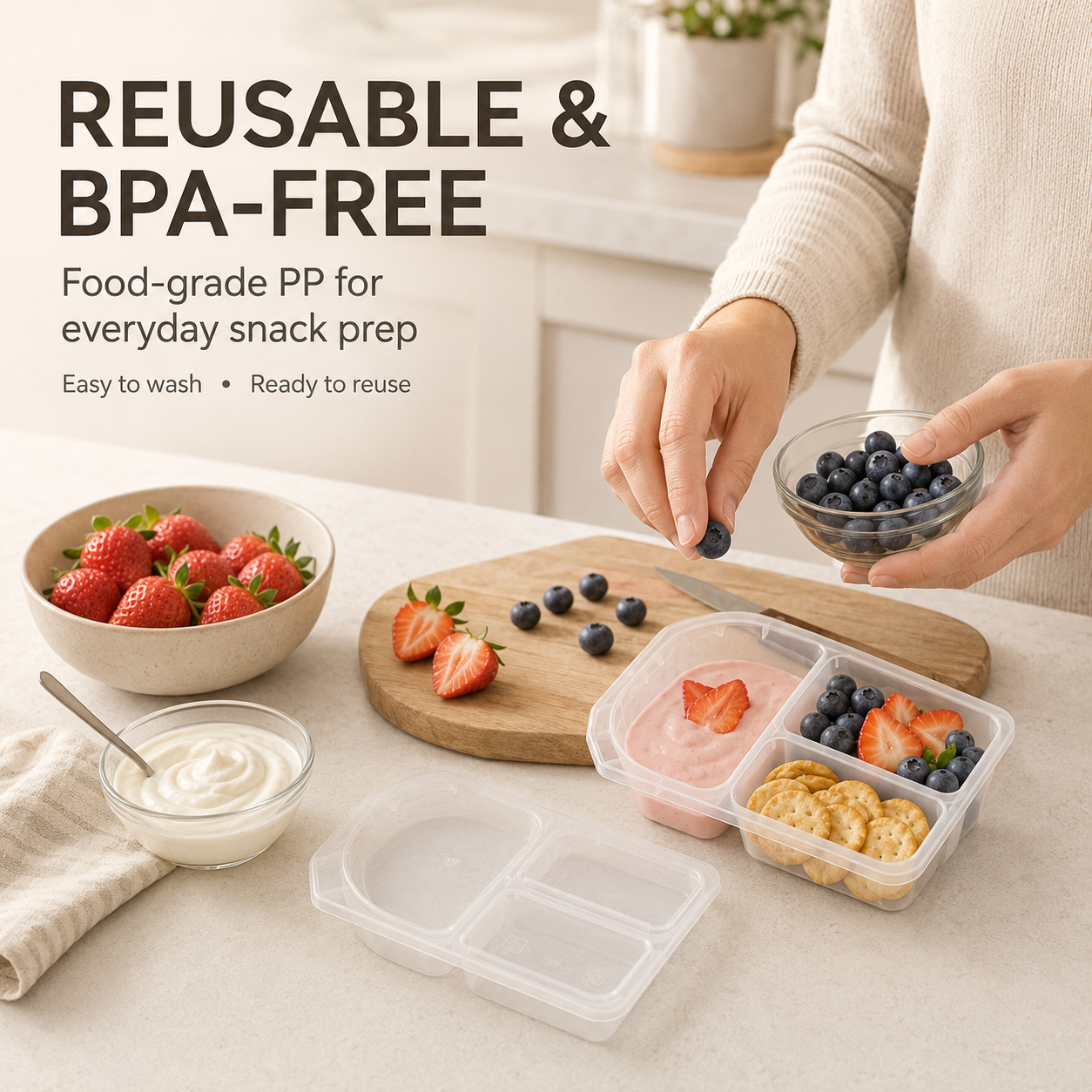🍓3-Compartment Reusable Snack Containers with Lids