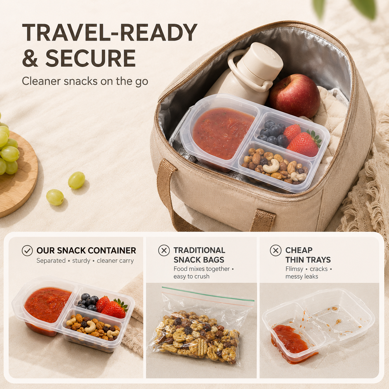 🍓3-Compartment Reusable Snack Containers with Lids