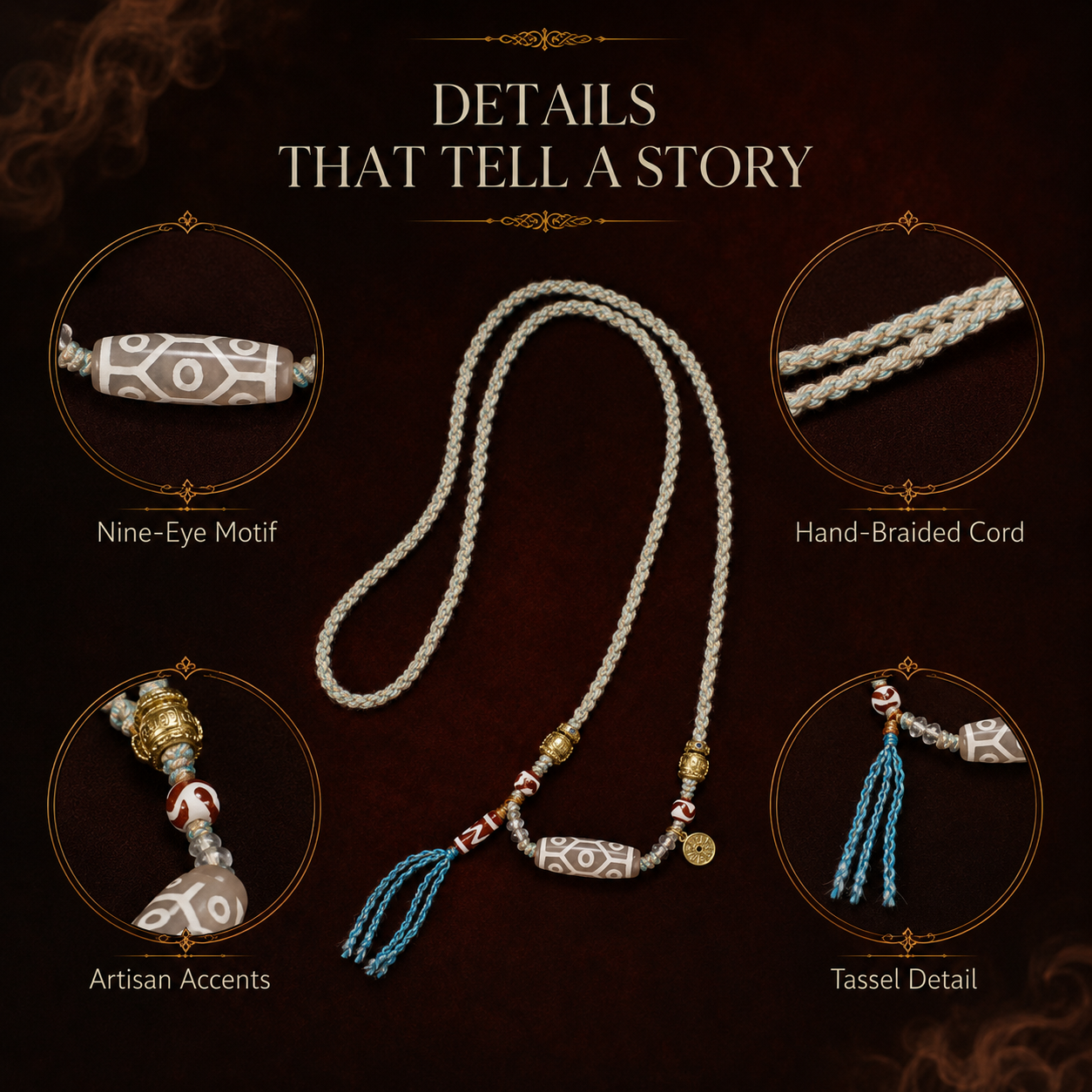 Nine-Eye Dzi Inspired Handwoven Necklace | Tibetan Style Jewelry