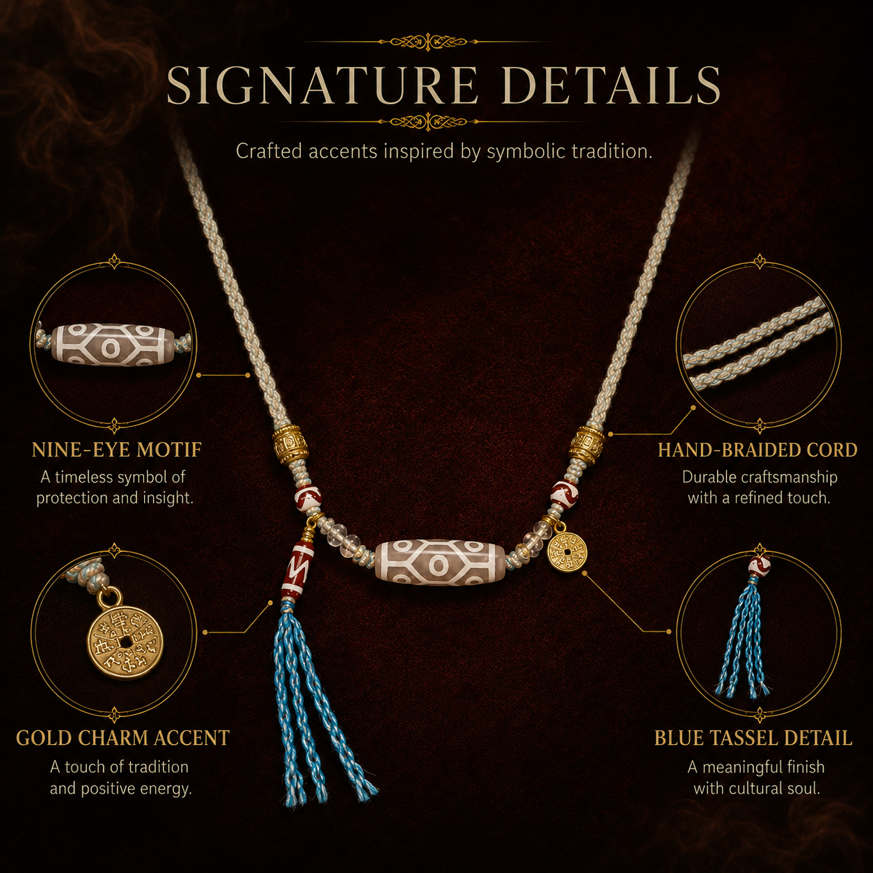 Nine-Eye Dzi Inspired Handwoven Necklace | Tibetan Style Jewelry