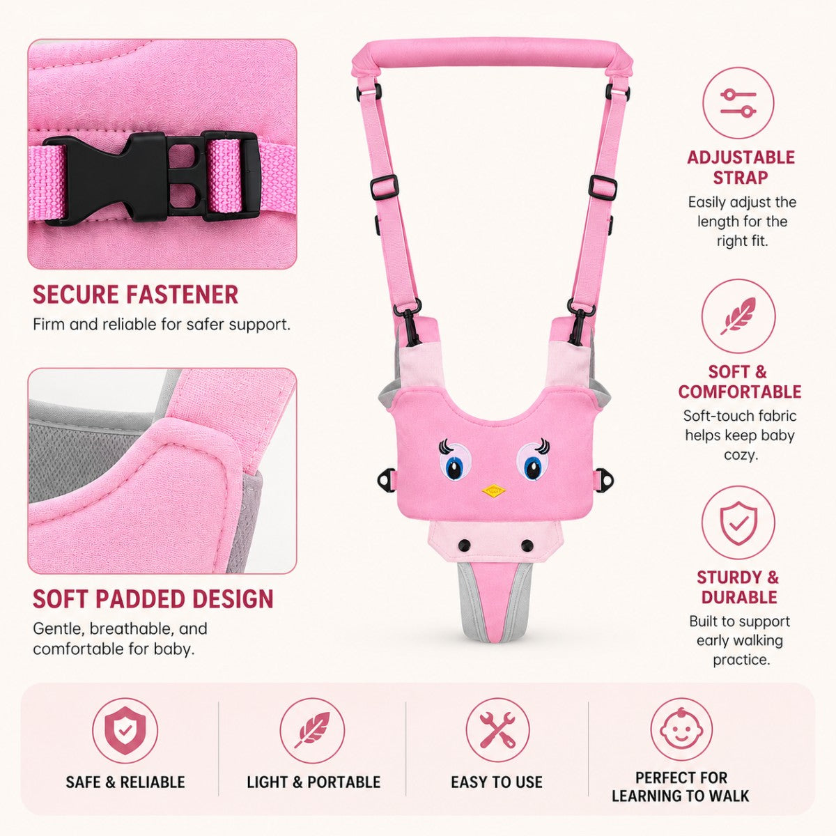 Soft padded baby walking harness with secure fasteners and adjustable straps