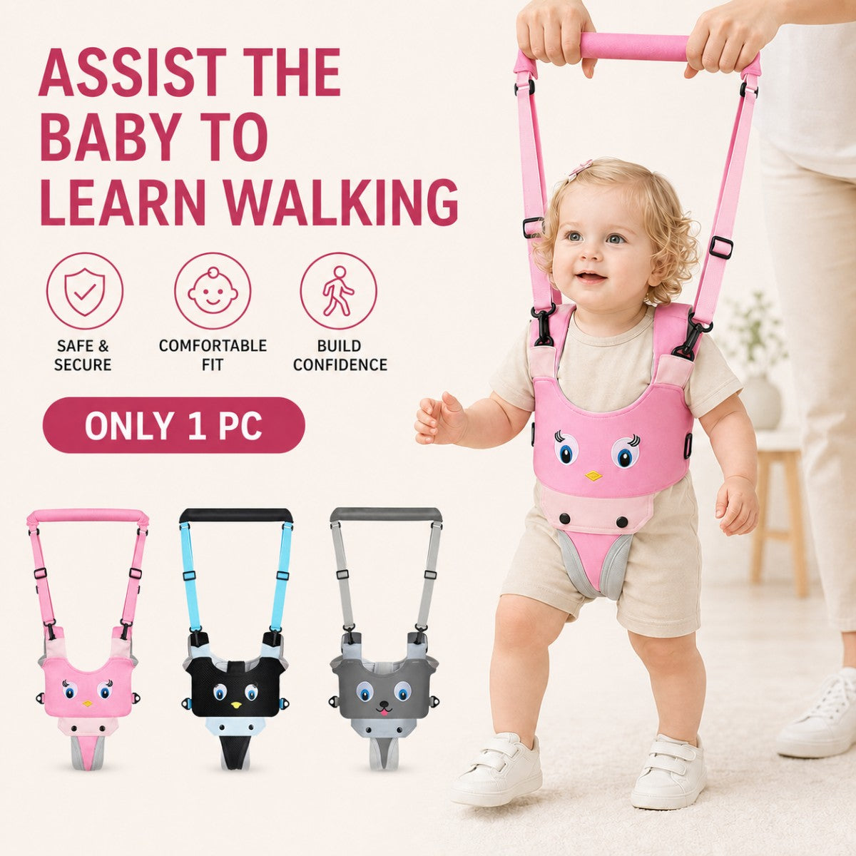 Baby practicing walking with adjustable walking harness