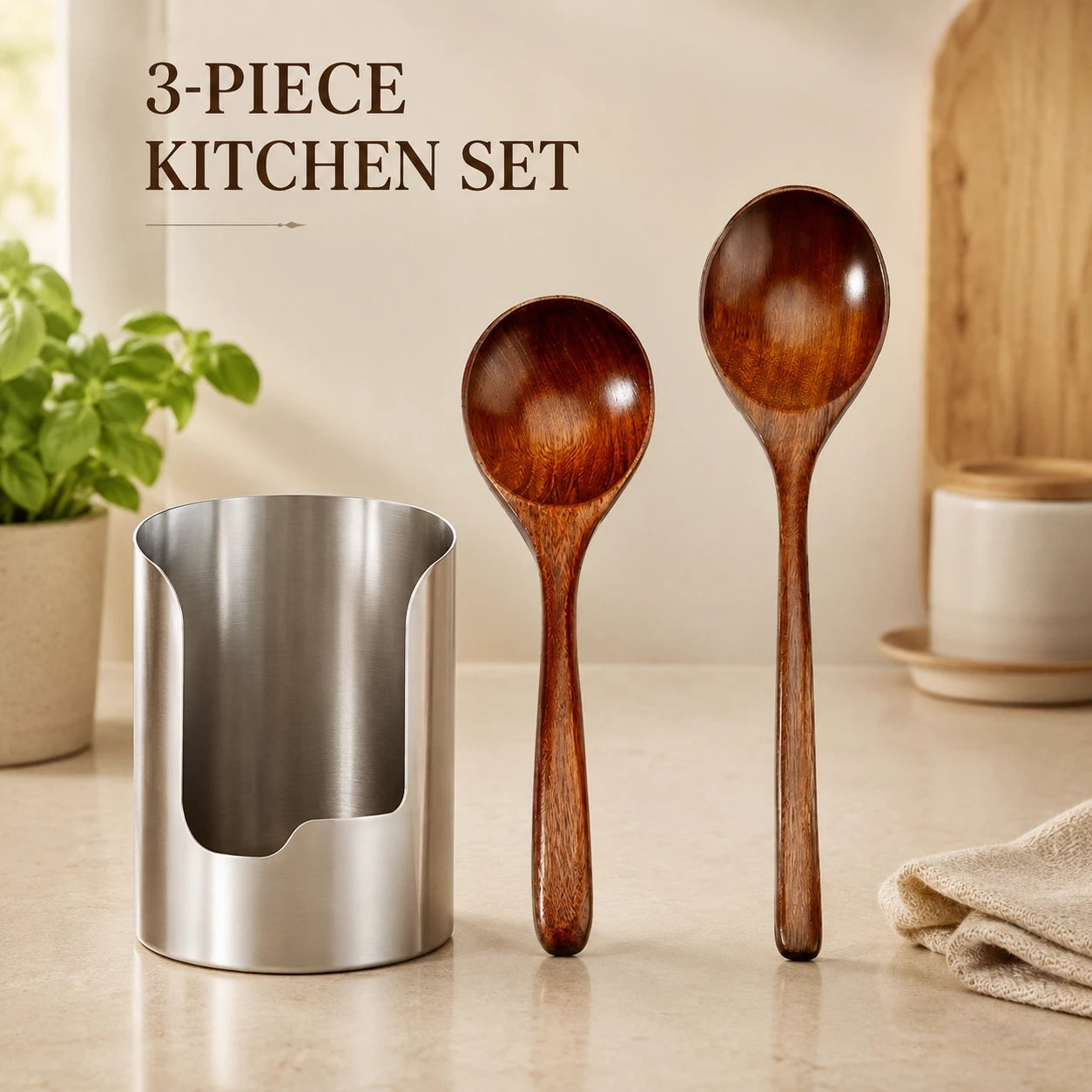Kitchen Utensil & Lid Rest Set with 2 Wooden Spoons