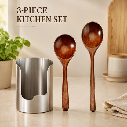 Kitchen Utensil & Lid Rest Set with 2 Wooden Spoons