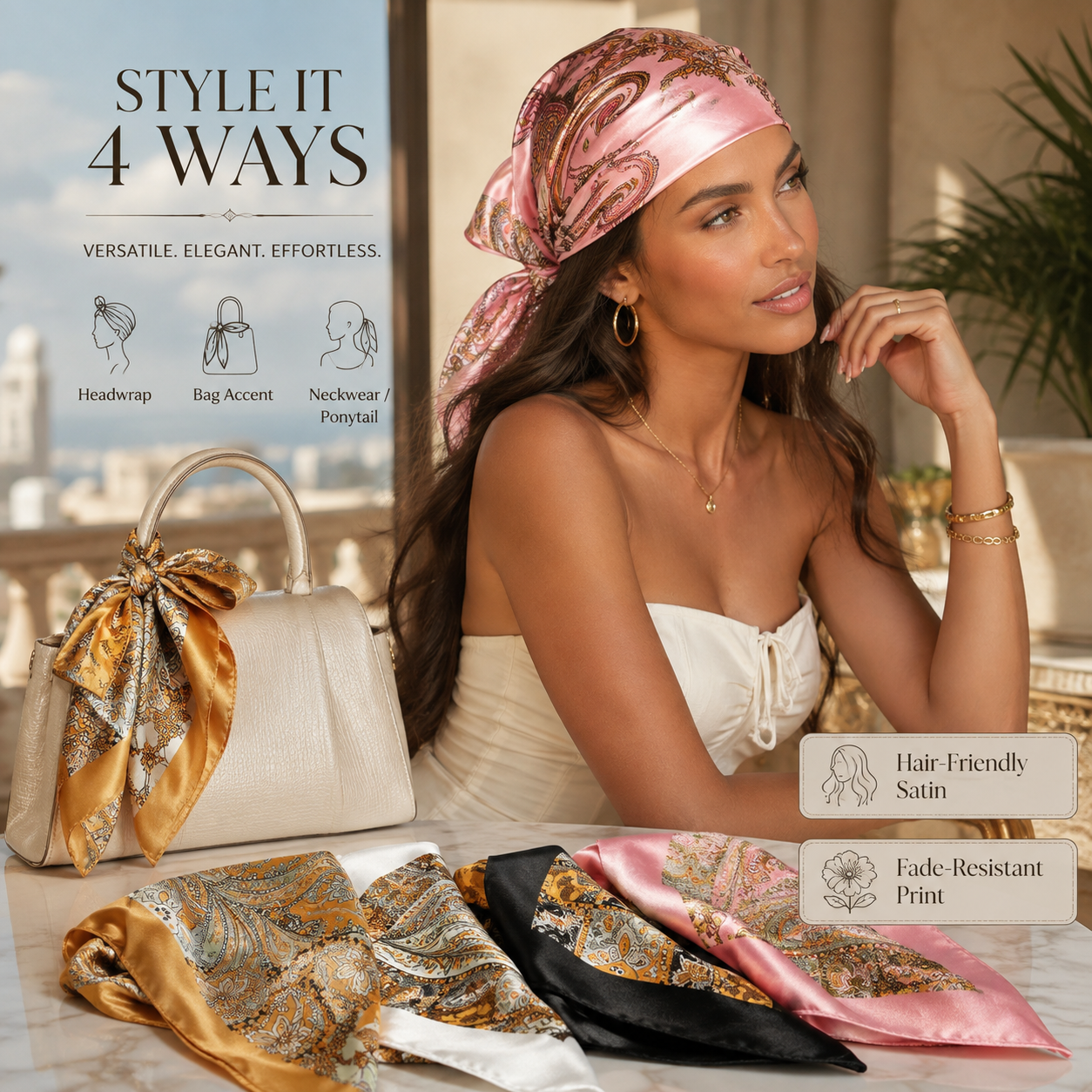 ✨ 4-Piece Premium Satin Square Head Scarf Set (35" x 35") 🧣