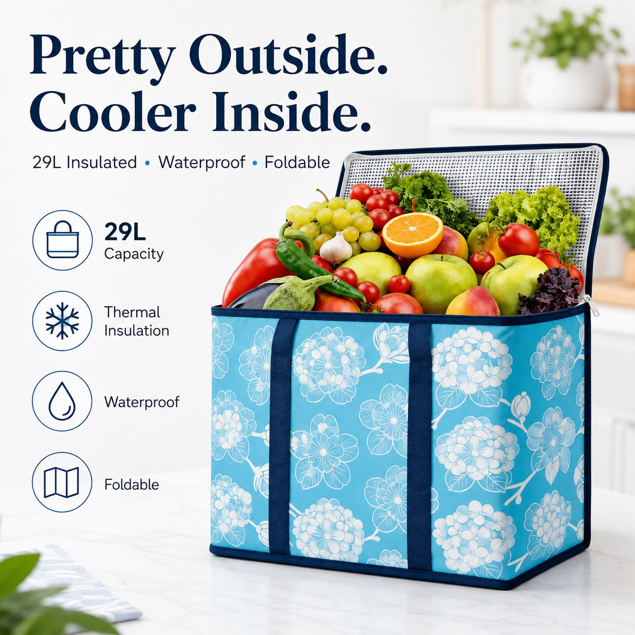 29L Insulated Grocery Cooler Bag | Foldable Waterproof Tote