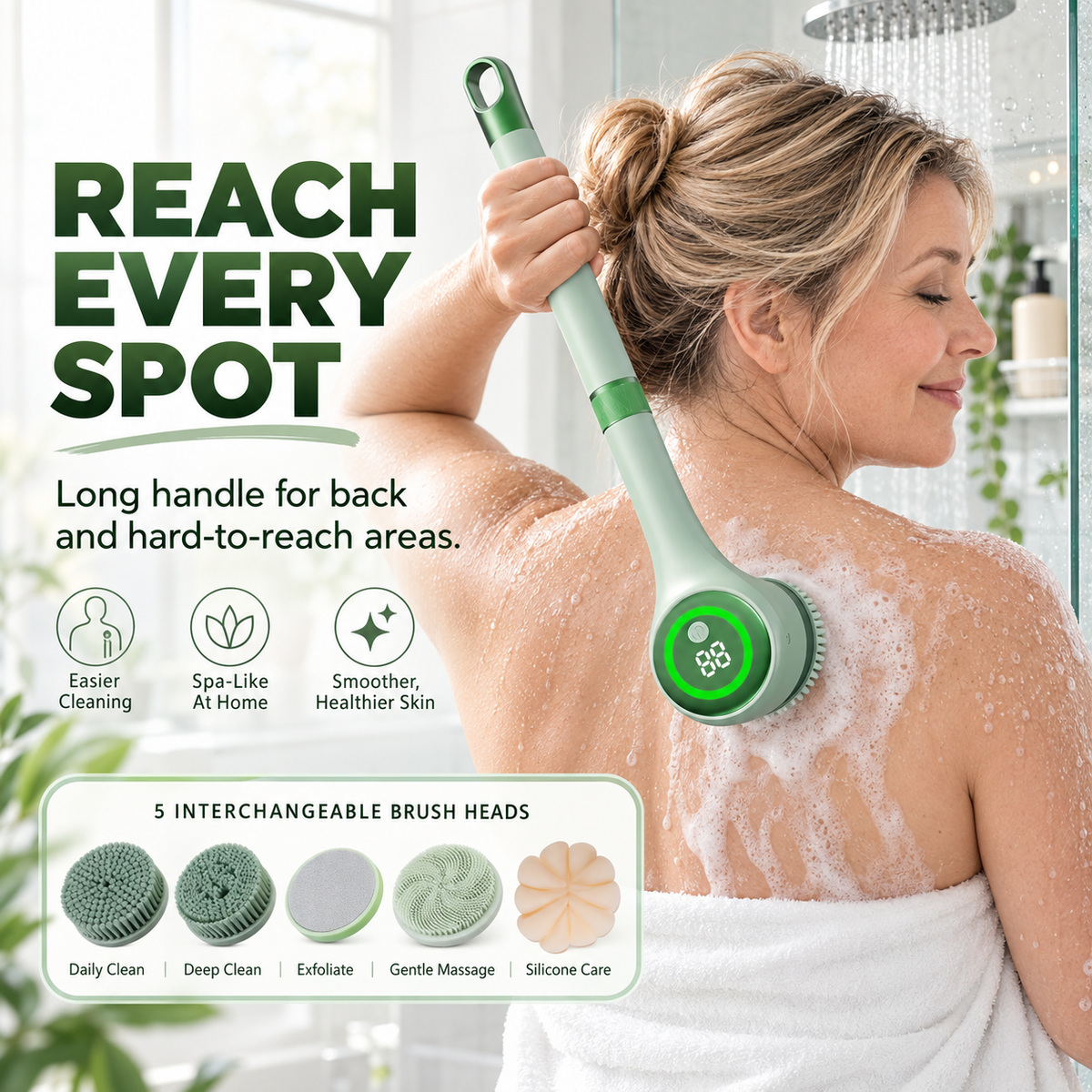 5-in-1 Electric Body Scrubber with Long Handle for Shower