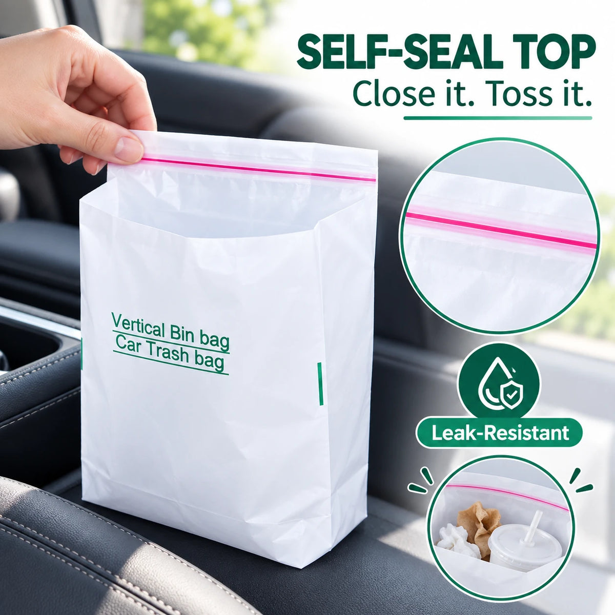 Self-Sealing Mini Trash Bags for Car, Desk & Small Spaces