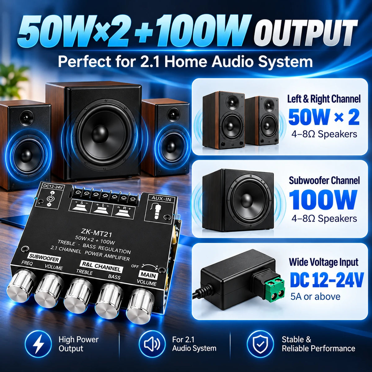 🎶2.1 Channel Amplifier Board — 🔊50W x 2 + 100W Bluetooth🎵