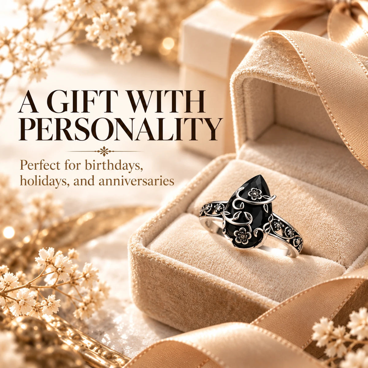 Vintage Floral Black Stone Ring – Statement Jewelry