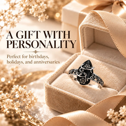 Vintage Floral Black Stone Ring – Statement Jewelry
