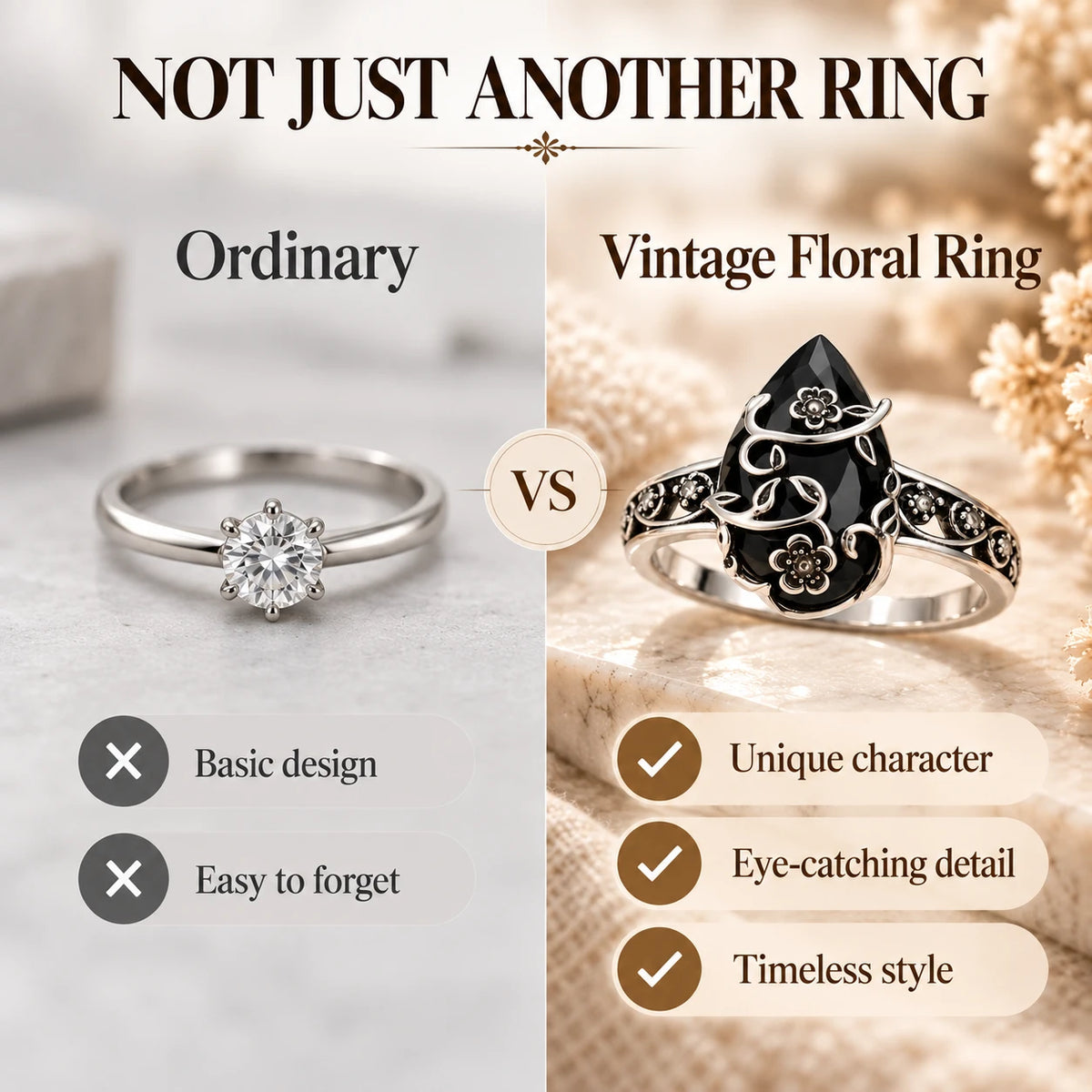 Vintage Floral Black Stone Ring – Statement Jewelry