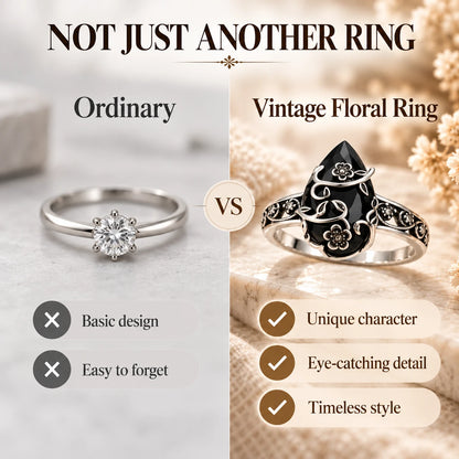 Vintage Floral Black Stone Ring – Statement Jewelry