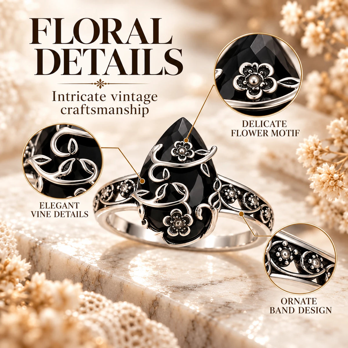 Vintage Floral Black Stone Ring – Statement Jewelry