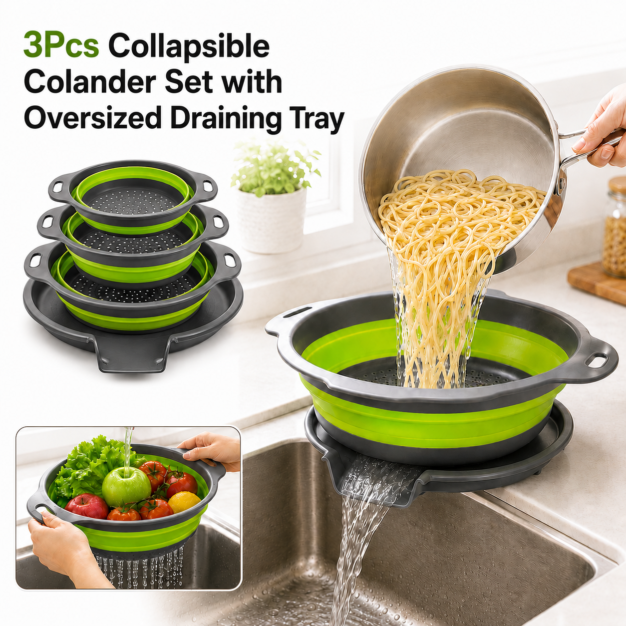 Collapsible Colander Set with Oversized Draining Tray