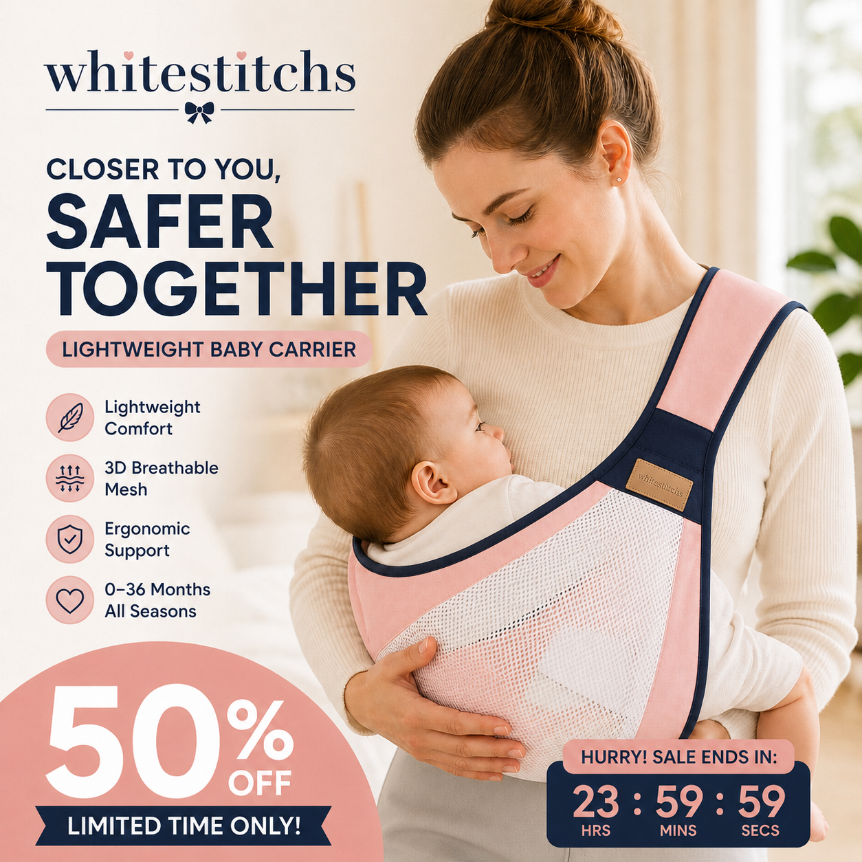 👶 4-in-1 Breathable Baby Carrier – 0-36 Months, Front/Back/Facing In/Out – Hands-Free