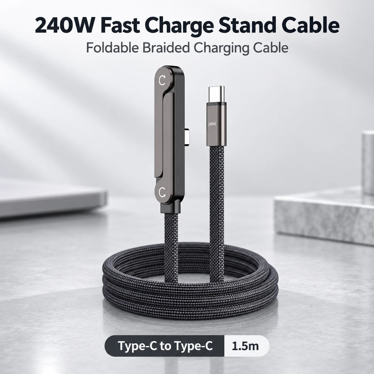 240W Invisible Stand USB-C Cable | Foldable Fast Charger (5ft)