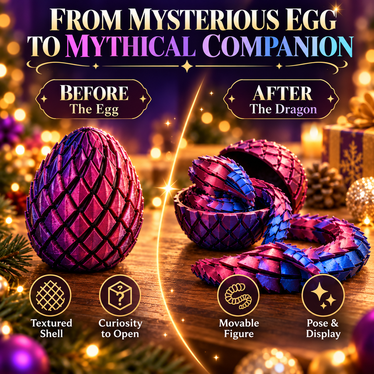 🐉 Printed Dragon Egg – Articulated Dragon Inside, Colorful Fantasy Collectible & Surprise Gift