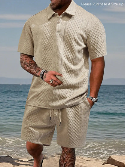 Men's Solid Polo Shirt & Drawstring Shorts Two-Piece Set