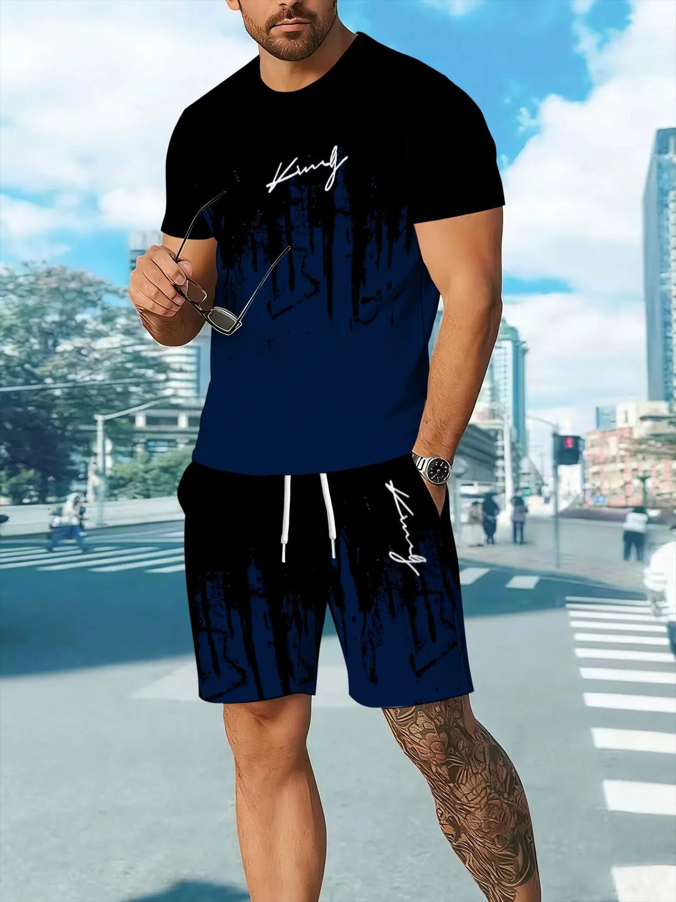 Men's Bold King Pattern T-Shirt & Shorts 2-Piece Set 👑☀️