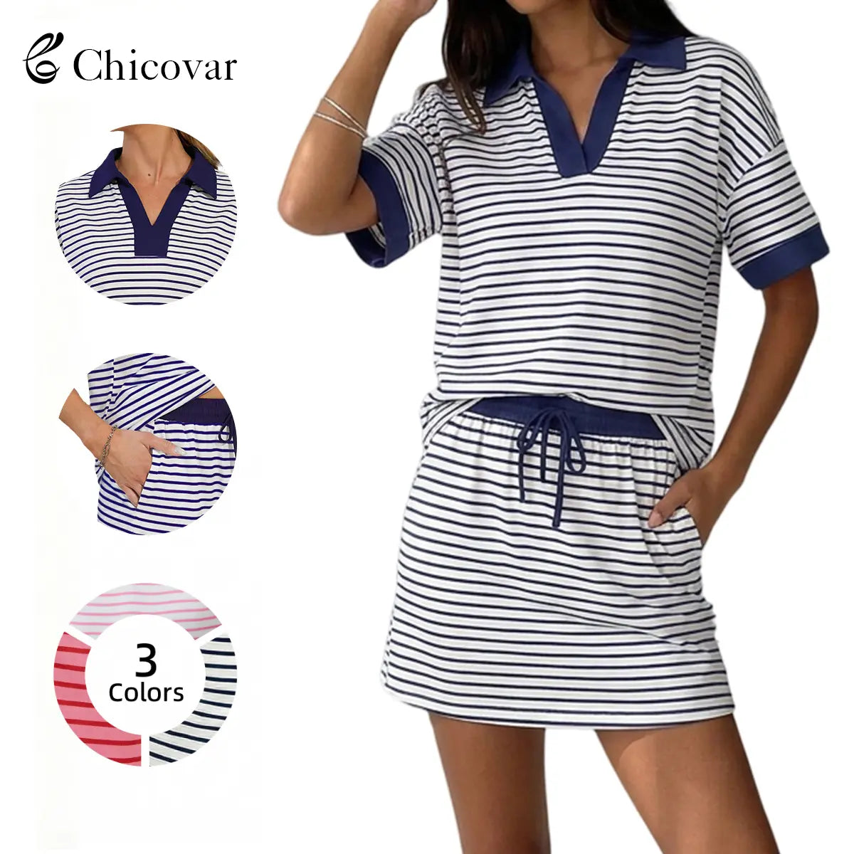 Striped V-Neck Polo & Skort 2-Piece Casual Set 🎾☀️