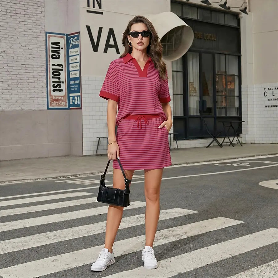 Striped V-Neck Polo & Skort 2-Piece Casual Set 🎾☀️