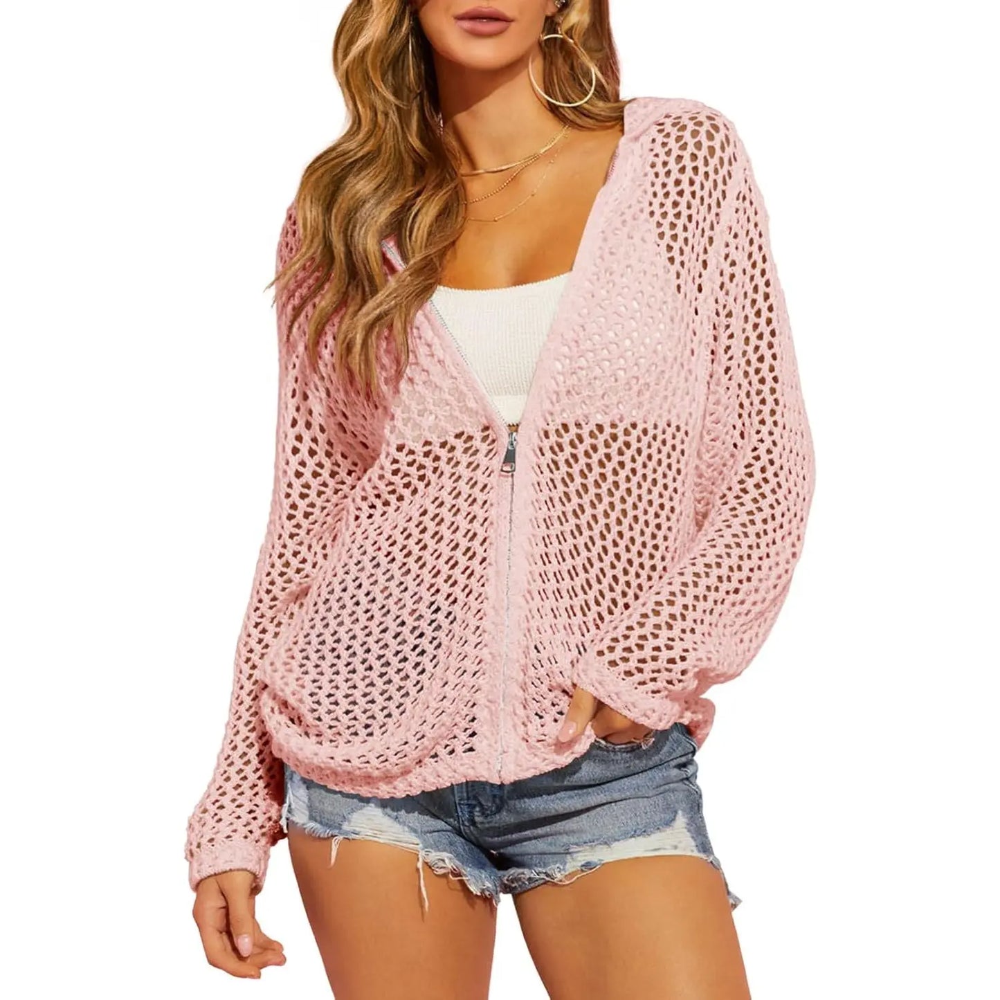 Lightweight Crochet Zip-Up Hooded Cardigan & Swim Cover-Up 🌊
