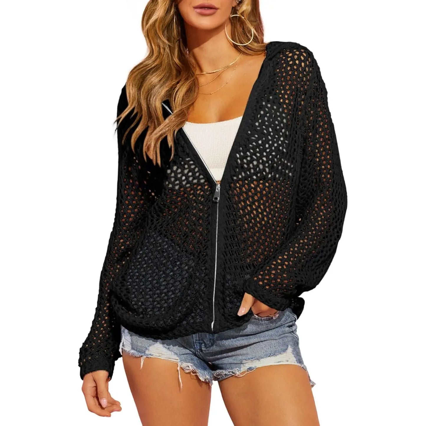 Lightweight Crochet Zip-Up Hooded Cardigan & Swim Cover-Up 🌊