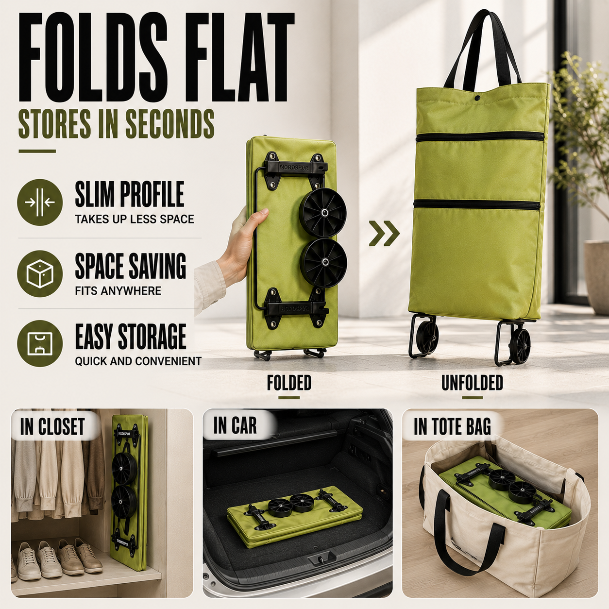 2-in-1 Rolling Grocery Tote & Foldable Trolley Bag