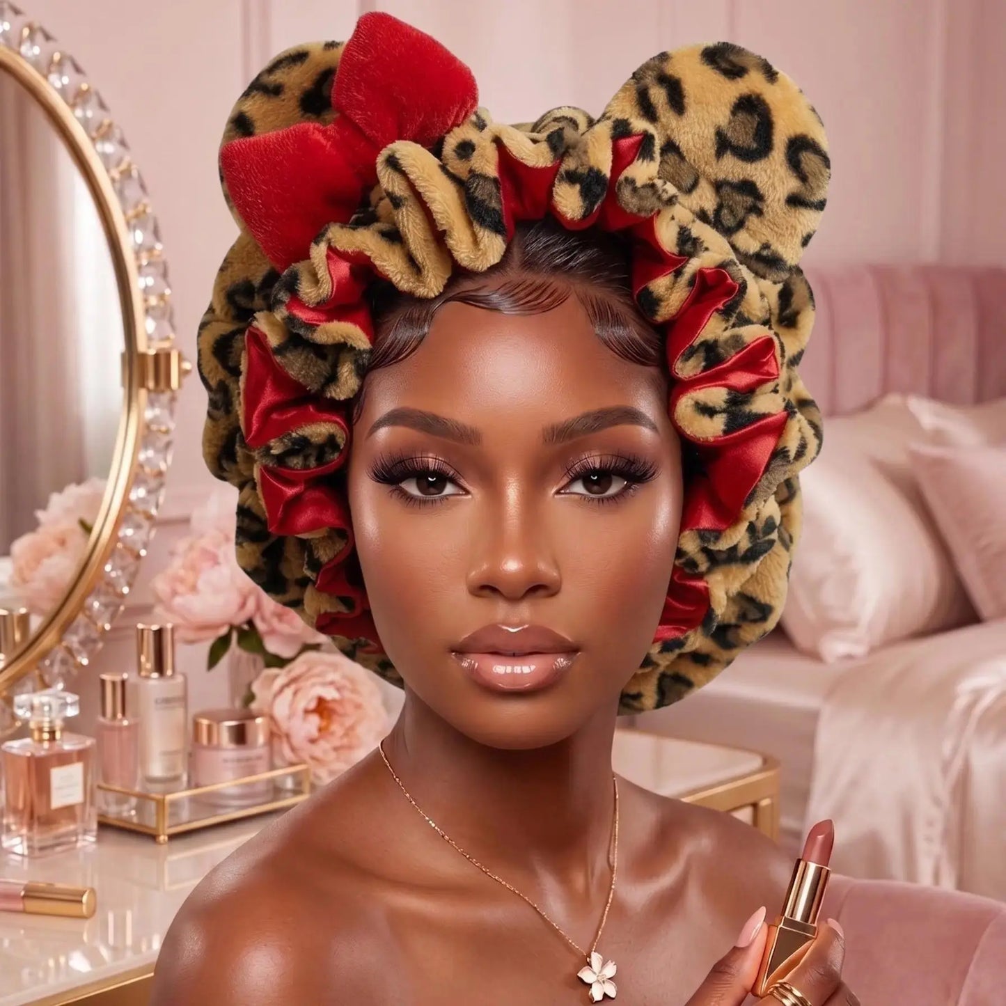 🐆 Plush Satin Leopard Bonnet with Cute Bow Ears ✨
