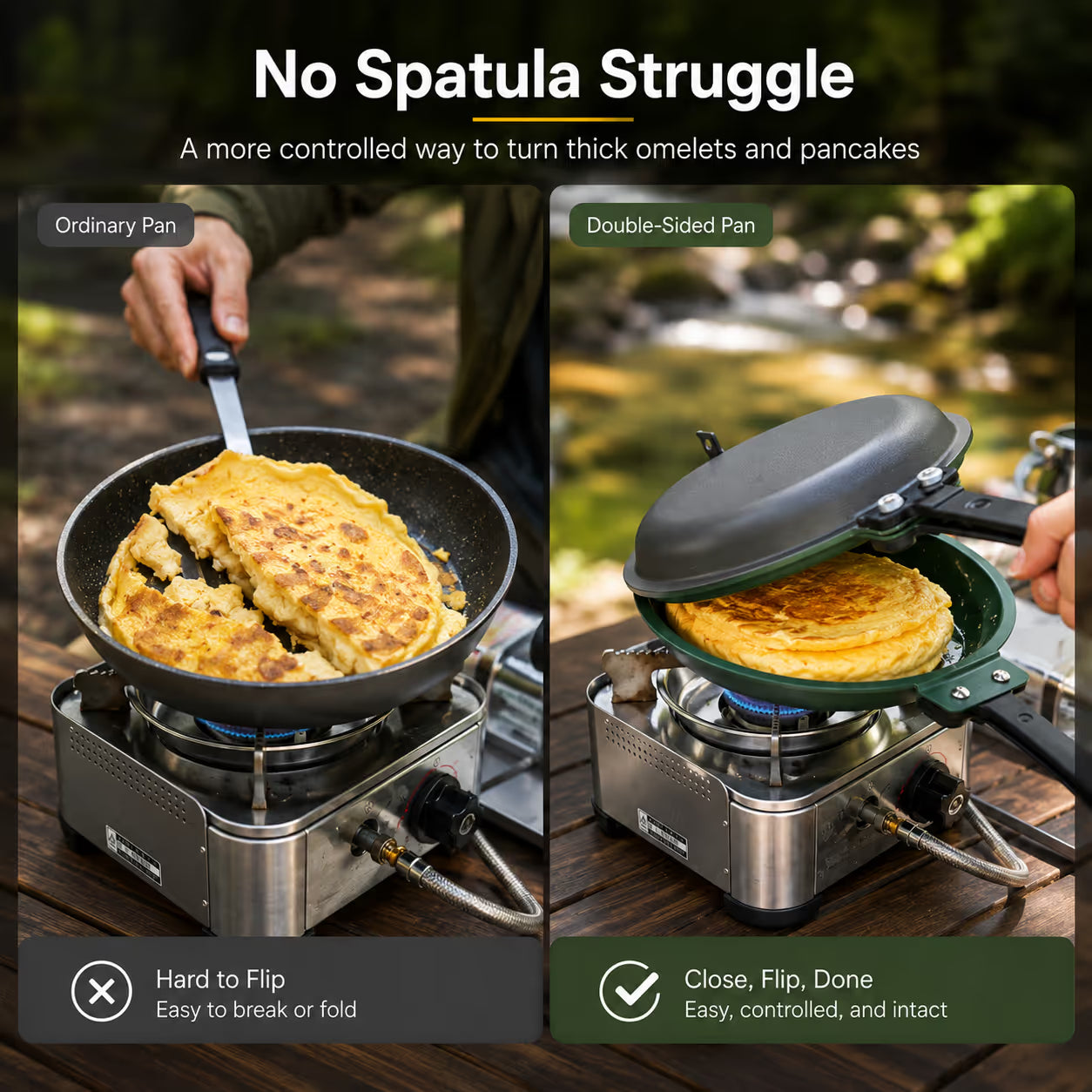 Ordinary frying pan compared with double sided frying pan