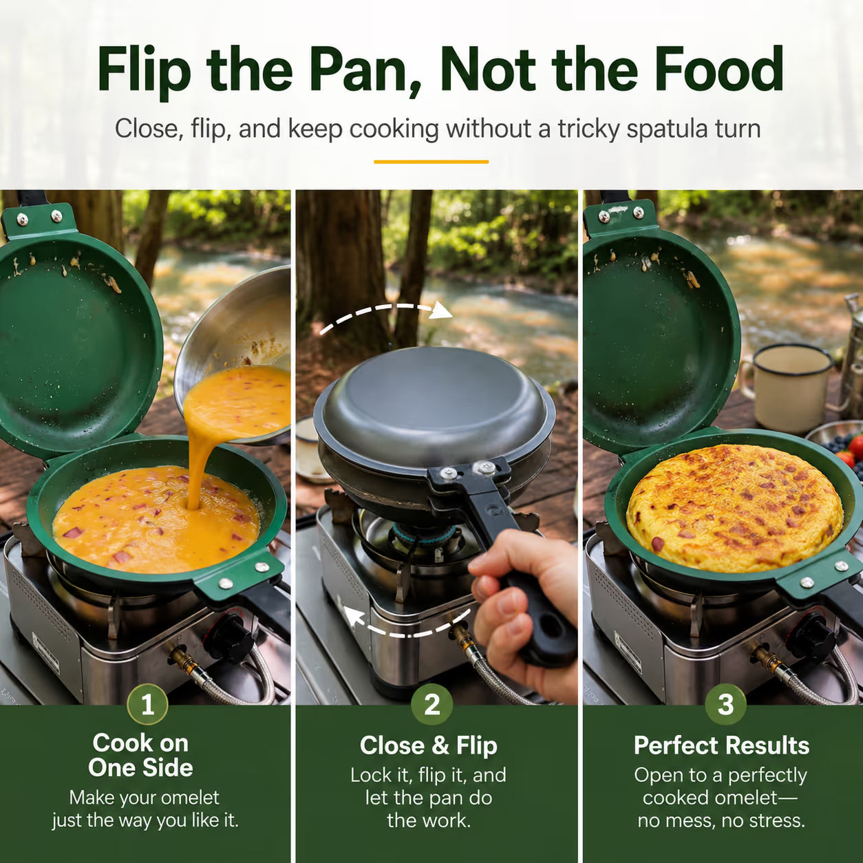 Close and flip double sided frying pan