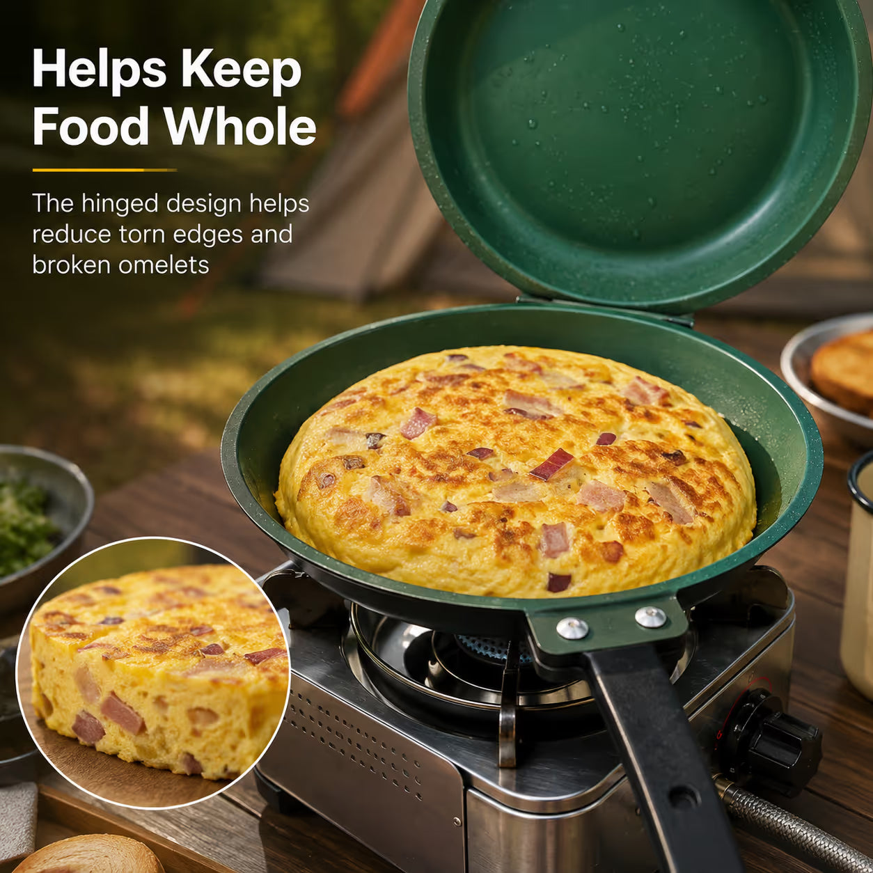 Whole thick omelet in double sided frying pan