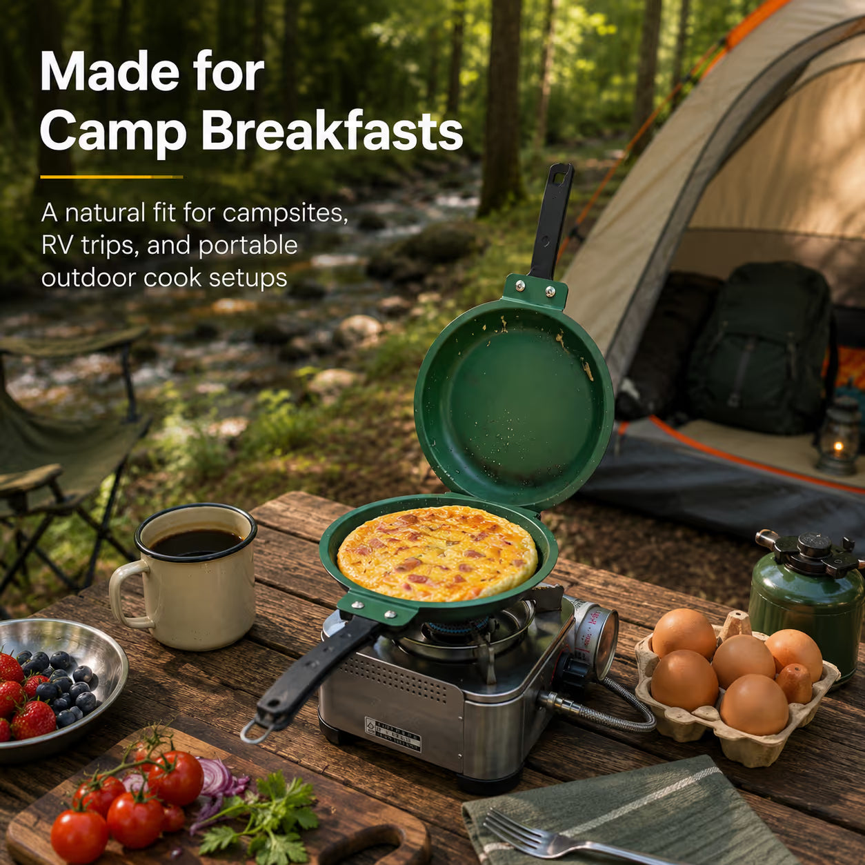 Double sided frying pan at campsite